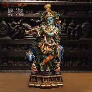 Brass Lord Krishna Statue With Cow, Playing Flute, Colorful Finish, 28.5"
