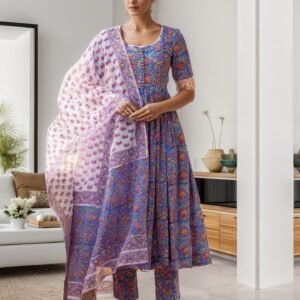 BLUE HAND BLOCK ANARKALI SET