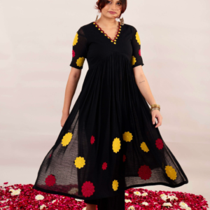 Midnight Black and Off White Kurta With Embroidered Floral Patchwork