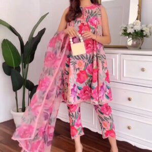 Pink Digital Printed Cotton Kurti Set with Organza Dupatta